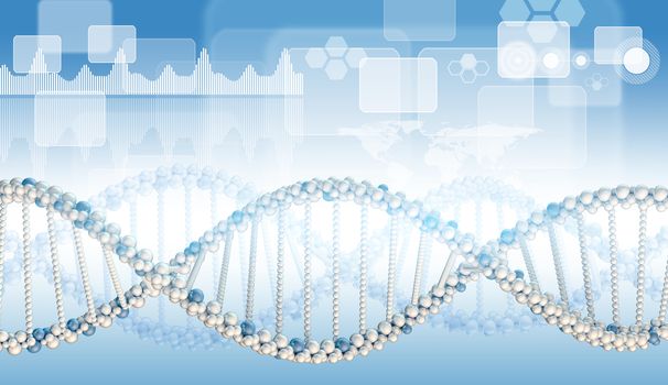 DNA model with graphs, rectangles and hexagons. Blue gradient background