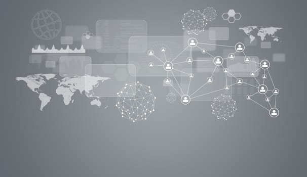 Network, wire-frame spheres, transparent rectangles and world map on gray background