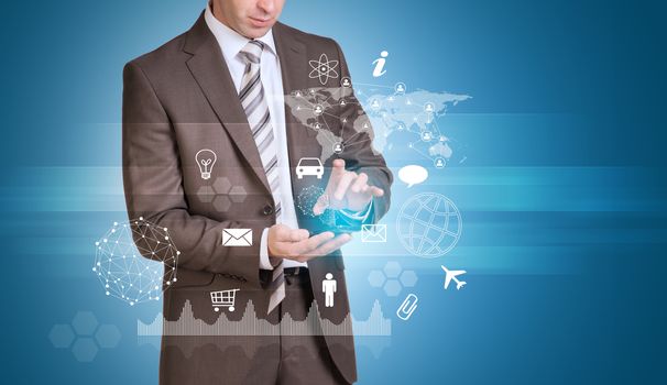 Businessman in suit hold empty copy space. Network, icons, graphs and world map