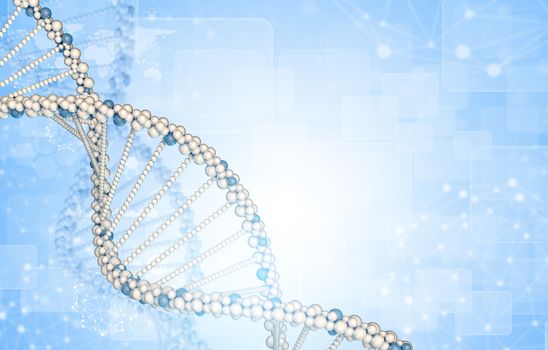 DNA model with blured wire-frame spheres and rectangles. Blue gradient background