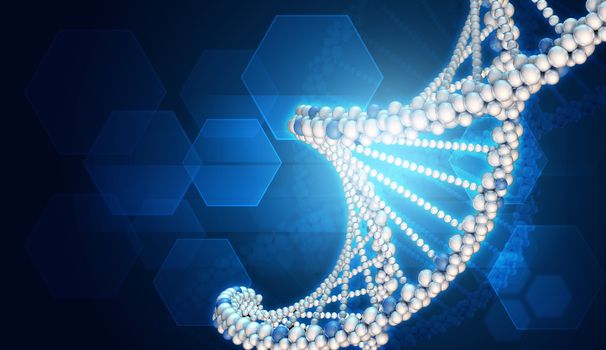 DNA model and hexagons. Blue gradient background