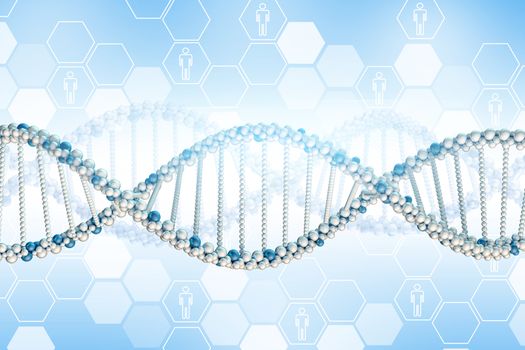 DNA model and hexagons with people icons. Blue gradient background