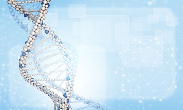 DNA model with blured wire-frame spheres and rectangles. Blue gradient background