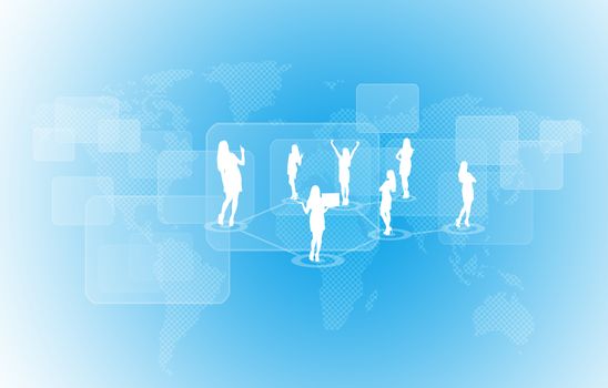 World map with businesswoman silhouettes. Blue gradient background