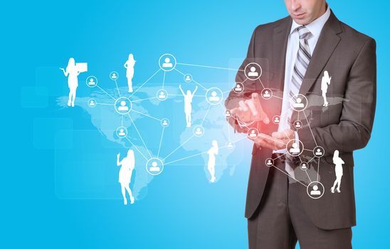 Businessman in suit hold empty copy space. Business people silhouettes with world map