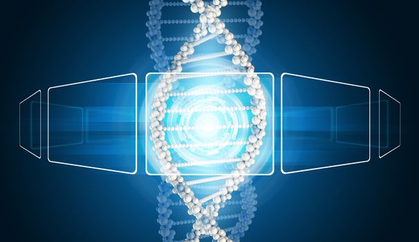 DNA model with transparent rectangles and glow circles. Blue gradient background