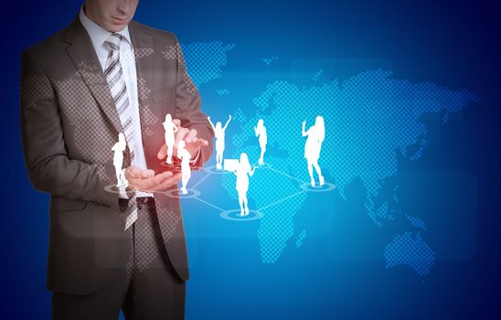 Businessman in suit hold empty copy space. Business people silhouettes with world map