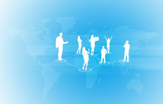 World map with business people silhouettes. Blue gradient background