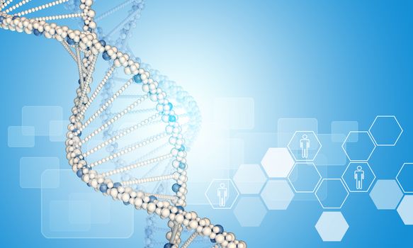 DNA model and hexagons with people icons. Blue gradient background