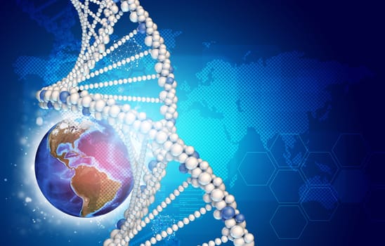 DNA model and Earth with hexagons. World map as backdrop. Element of this image furnished by NASA