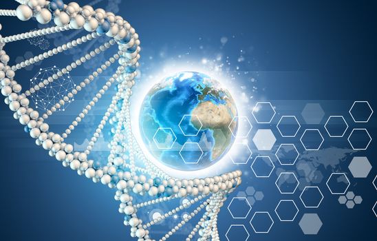 DNA model and Earth with hexagons and world map. Blue gradient background. Element of this image furnished by NASA