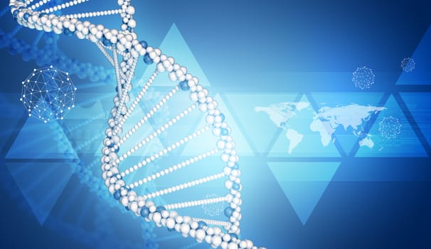 DNA model with triangles, wire-frame sphere and world map. Blue gradient background