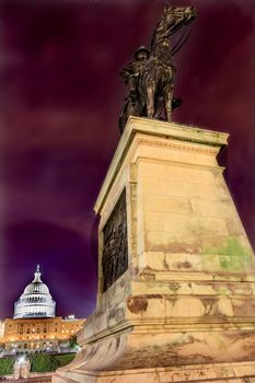 Ulysses US Grant Equestrian Statue Civil War Memorial Evening Stars US Capitol Construction Washington DC.  Created by Henry Shrady and dedicated in 1922.  Second largest equestrian statue in the US.  Grant is riding Cincinnati, his famous horse.  