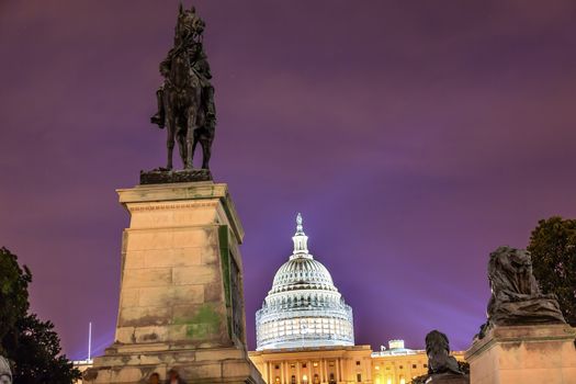 Ulysses US Grant Equestrian Statue Civil War Memorial Evening Stars US Capitol Construction Washington DC.  Created by Henry Shrady and dedicated in 1922.  Second largest equestrian statue in the US.  Grant is riding Cincinnati, his famous horse.  