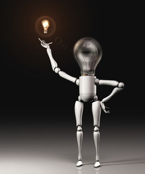 a standing lamp character shows the concept of a new idea, or solution to a problem, by a floating light bulb turned on placed over his upward right hand on a dark background