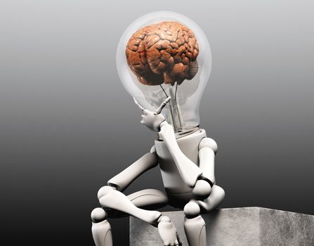 a lamp character with a human brain into his bulb light is sitting on squared stone and has his left hand under his chin how to think to solve a problem, on a dark grey background