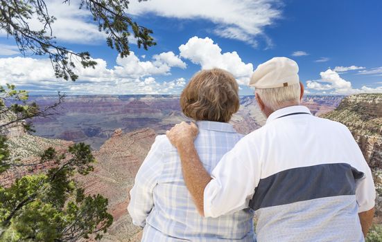 Happy, Hugging Senior Couple Looking Out Over The Grand Canyon.