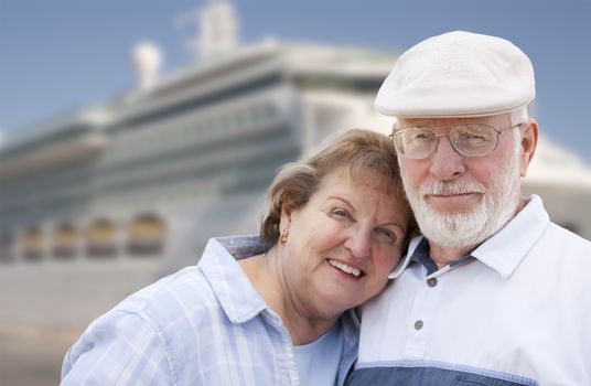 Senior Couple On Shore in Front of Cruise Ship While on Vacation.