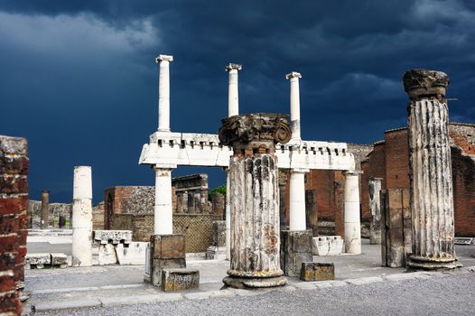 Ruined columns at the Forum of Pompeii, Italy