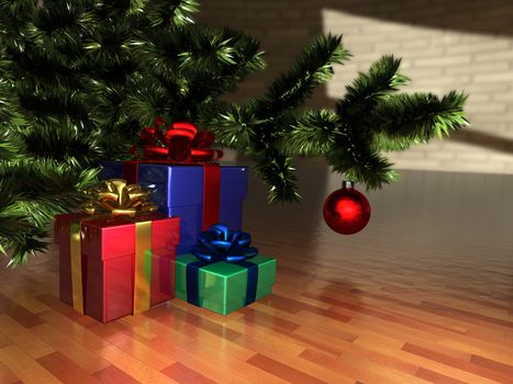 illustration of Christmas presents under the Christmas tree