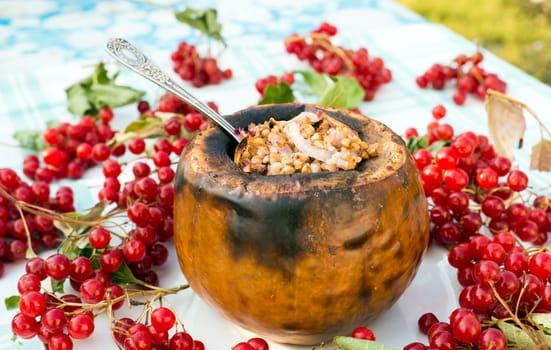 Pumpkin stuffed with buckwheat and  a onions