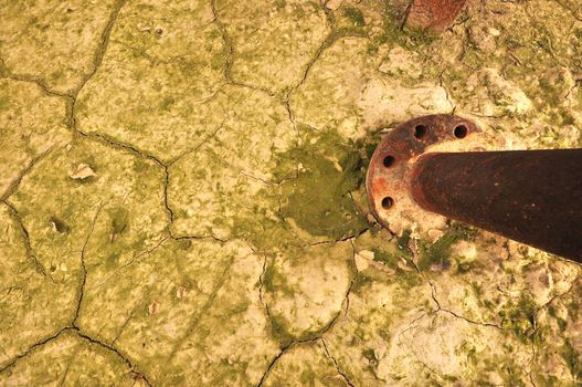 A thick rusty pipe disappearing into a bed of dry, cracked mud or sludge with a fine layer of green algae over it.