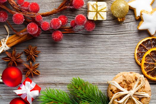 Christmas decoration on wood background, with free space for your text