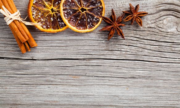 Christmas decoration on wood background, with free space for your text