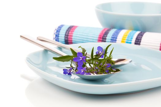 tableware with blue lobelia flowers and cutlery, on a white background.