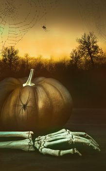 Pumpkin with skeleton hand and spider webs with night background