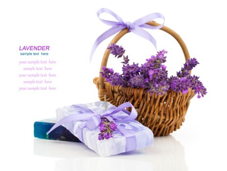Natural handmade lavender soap and oil with fresh lavender on white background