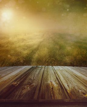 Wood floor with a prairie path in background