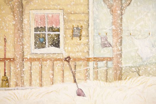 Front porch in snow with clothesline, digitally altered