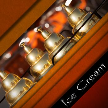 Red and orange velvet background with detail of an ice cream cart and black band with text Ice Cream. Template for a ice cream menu