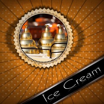 Vintage background with sunbeams stripes, detail of an ice cream cart and black band with text Ice Cream. Template for a ice cream menu