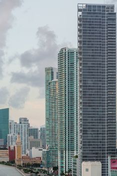 Aerial view of the downtown area of Miami, Florida, showing the colorful skyscrapers and densely packed buildings