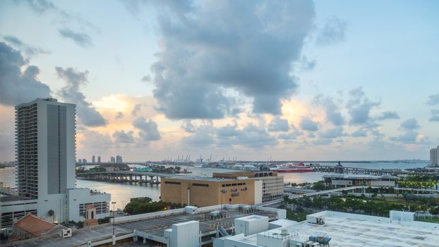 Aerial view of the downtown area of Miami, Florida, showing the colorful skyscrapers and densely packed buildings