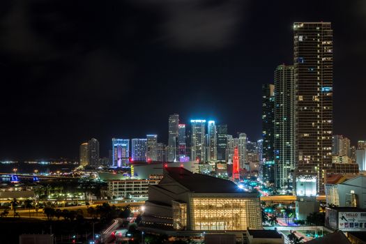 Aerial view of the downtown area of Miami, Florida, showing the colorful skyscrapers and densely packed buildings