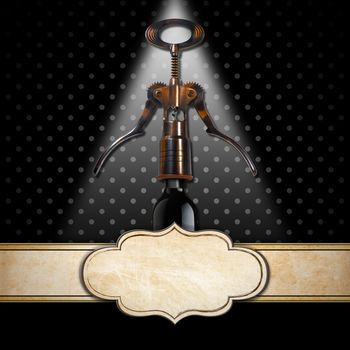Black background with an old corkscrew, black wine bottle and empty label with a horizontal band. Template for wine list or menu 