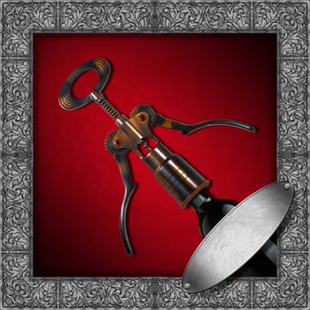 Red velvet background with silver floral frame, empty metal label, old corkscrew with a bottle. Template for wine list or menu 