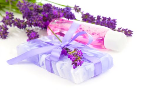 Natural handmade lavender soap and oil with fresh lavender on white background