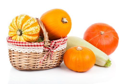yellow pumpkins vegetables in basket, isolated on white background