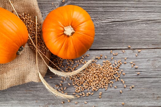 Autumn pumpkins on wooden board