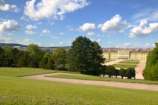 Photo shows general view of garden of Schonbrunn Palace.