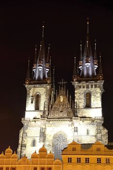 Photo shows details of Prague city at night.