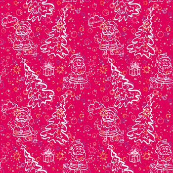 Christmas seamless pattern for holiday design, cartoon Santa Claus and fir tree, white contours on red background.