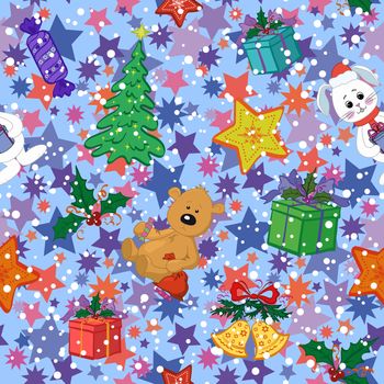 Christmas holiday seamless pattern with cartoon characters and elements.