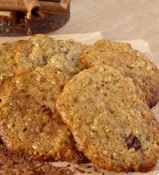 Homemade cookies with sesame tahini, honey, dates, walnuts, oatmeal, cinnamon and vanilla.