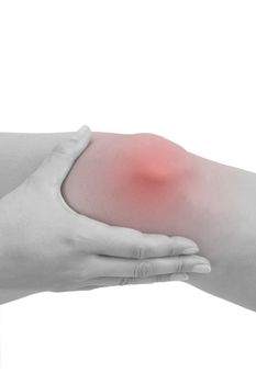 Knee injury. Woman holding her knee with highlighted pain area isolated on white background. 