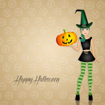 illustration of witch with pumpkin for Happy Halloween